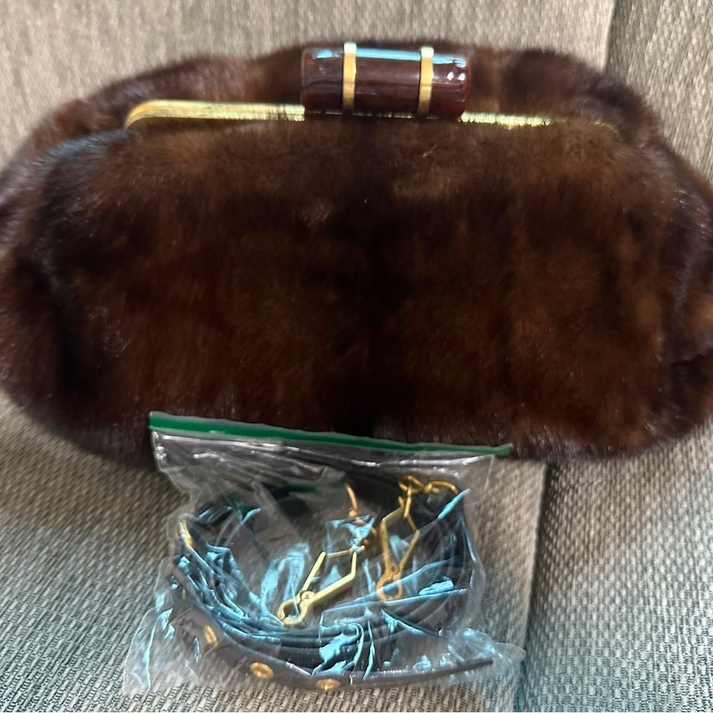 Miu Miu Brown Mink Fur Oversized Clutch with Gold Handle Accent & Brown Strap - Picture 2 of 14